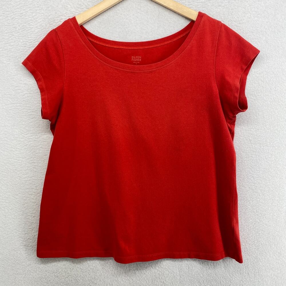 EILEEN FISHER Top L Stretch Organic Cotton Jersey Short Sleeve Basic Red USA